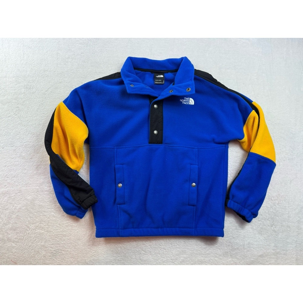 THE NORTH FACE Youth M 10/12 Fleece Jacket Polyester Blue Yellow Button 1/4 Snap